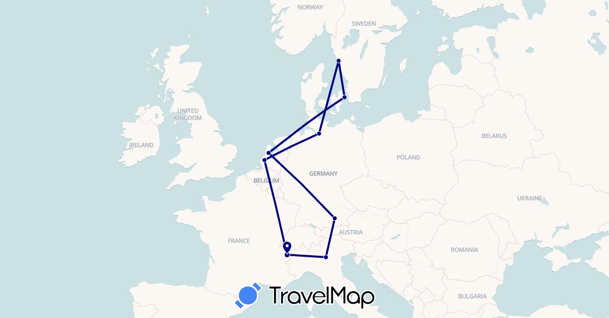 TravelMap itinerary: driving in Germany, Denmark, France, Italy, Netherlands, Sweden (Europe)