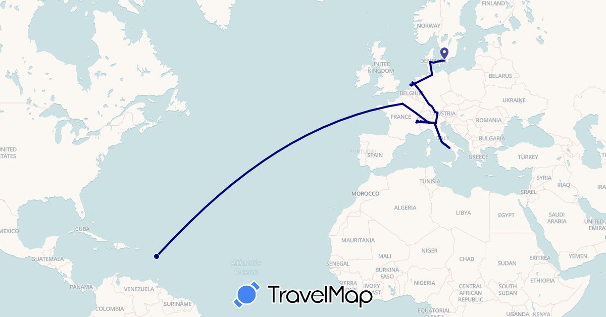 TravelMap itinerary: driving in Austria, Germany, Denmark, France, Guadeloupe, Italy, Netherlands, Sweden (Europe, North America)