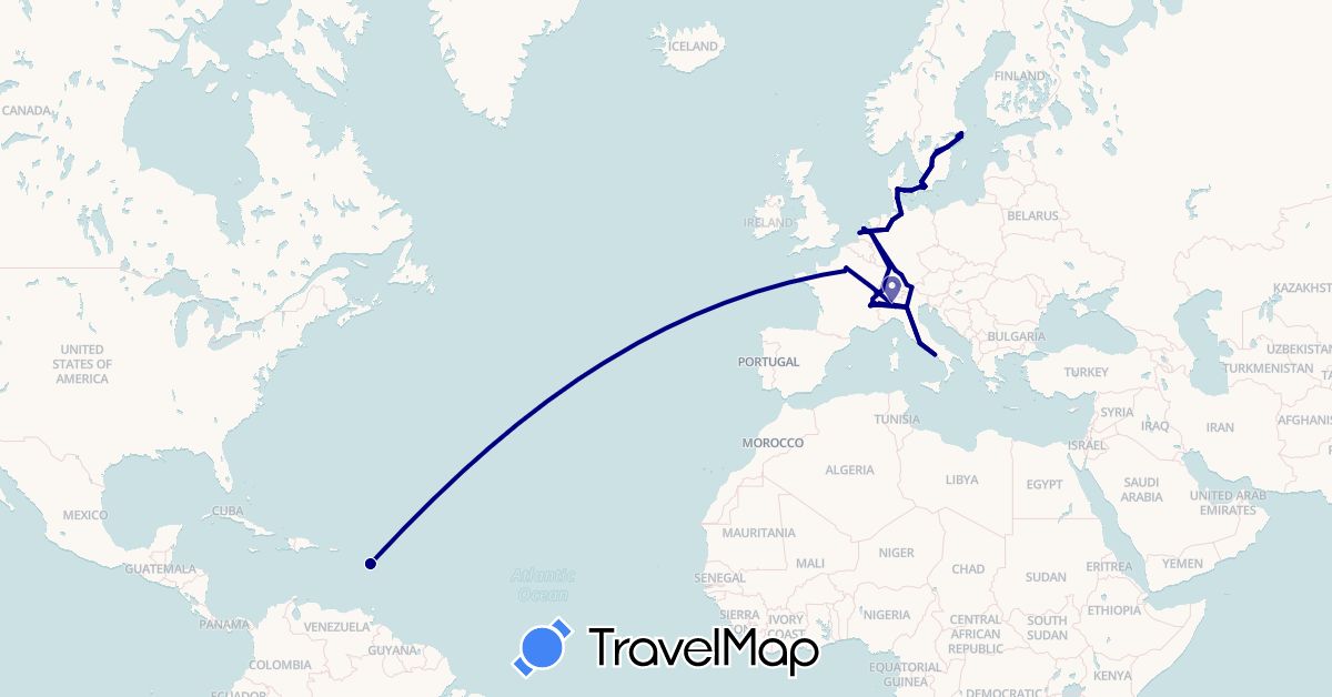 TravelMap itinerary: driving in Austria, Switzerland, Germany, Denmark, France, Guadeloupe, Italy, Netherlands, Sweden (Europe, North America)